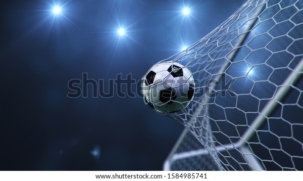 Soccer\
ball flew into the goal. Soccer ball bends the net, against the\
background of flashes of light. Soccer ball in goal net on blue\
background. A moment of delight. 3D\
illustration