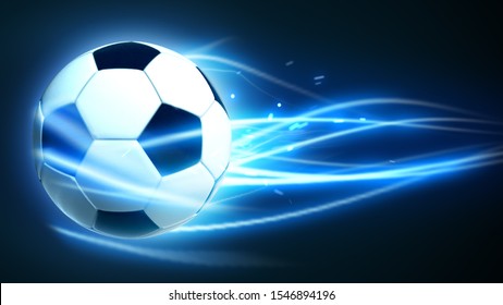 Soccer Ball Flying In Speed Fast Magic Effect In Blue Flames And Lights Hi Tech Futuristic 3d Animation Rendering Black Background