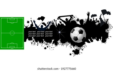 Soccer Ball And Football Field And Silhouette Fan Stand Up And Hand Flag, Crowd At Seat On Soccer Stadium