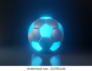 Soccer ball or football with futuristic blue glowing neon lights on a dark background with copy space in a conceptual image. 3d rendering illustration