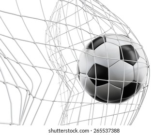 Soccer Ball Or Football In The Net Isolated On White Background