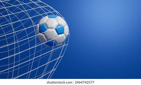 Soccer ball in goal on blue background, Goal net. Soccer ball bends the net, supporters background. Creative concept idea of Championship football season. A moment of delight. 3d render illustration - Powered by Shutterstock