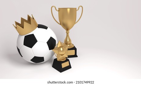 Soccer Ball With Golden Crown And Trophies For Winners And Mvp. Conceptual 3D Render For Sports On White Background With Room For Text. 