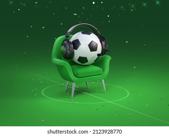 A Soccer Ball With Headphones Sitting In A Green Chair In The Center Of The Football Field. Sport Metaphor, Revealing The Concept Of Victory And The Start Of The Season. 3d Render