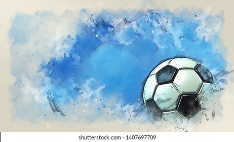 Soccer ball illustration combined pencil sketch and watercolor sketch under blue sky. 3D illustration. 3D CG. High resolution.