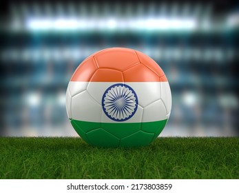 Soccer Ball India Flag On A Soccer Pitch. 3d Illustration.