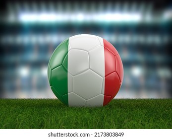 Soccer Ball Italy Flag On A Soccer Pitch. 3d Illustration.