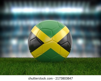 Soccer Ball Jamaica Flag On A Soccer Pitch. 3d Illustration.