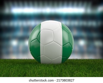 Soccer Ball Nigeria Flag On A Soccer Pitch. 3d Illustration.