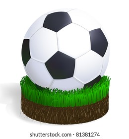 Soccer Ball On A Piece Of Football Court With Green Grass, Roots And Earth