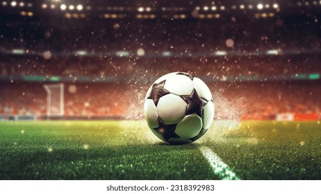 Soccer ball on stadium, football arena banner background in neon light - Powered by Shutterstock