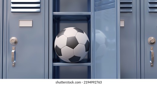 Soccer Ball In An Open Gym Locker. Football Athletes Change Room. Student Blue Color Metal Closet, Close Up. 3d Render