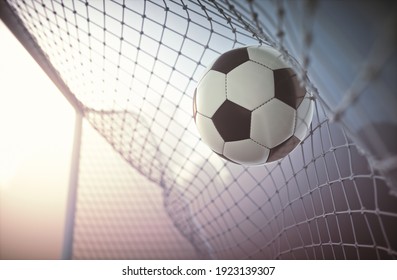 Soccer Ball, Scoring The Goal And Moving The Net. 3D Illustration.