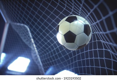 Soccer Ball, Scoring The Goal And Moving The Net. 3D Illustration.