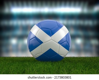 Soccer Ball Scotland Flag On A Soccer Pitch. 3d Illustration.