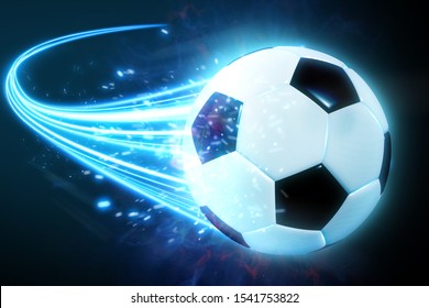 Soccer Ball Speed Fast Magic Effect In Blue Flames And Lights Black Background