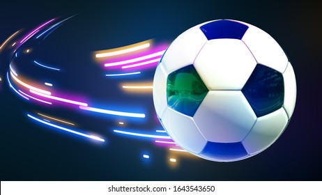 Soccer Ball Speed Fast Magic Effect In Blue Flames And Lights Black Background 3D Rendering