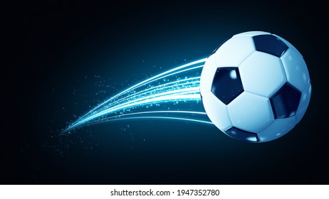 Soccer Ball Speed Fast Magic Effect In Blue Flames And Lights Black Background 3D Rendering