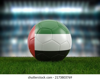 Soccer Ball UAE Flag On A Soccer Pitch. 3d Illustration.