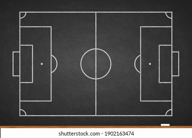 Soccer Field Chalked On Blackboard. Football Stadium On Board. Background Of Painted Chalk Sketch Line. Overhead View. Chalkboard Texture With Pattern Sport Play. Top Plan. Fotball Court. Illustration