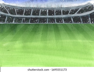 Soccer field, Football ground, stadium. Hand drawn watercolor  background