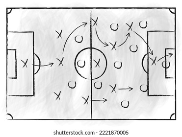 Soccer Field With Game Strategy. Football Tactic Plan Sketch. Coach Board. Scheme With Hand Drawn Players, Lines And Arrows. 