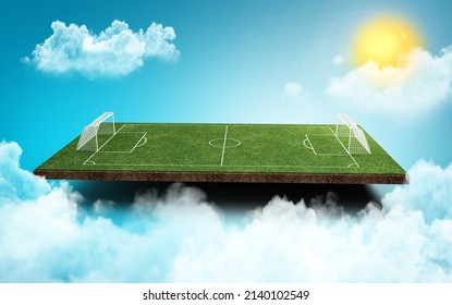 Soccer Field Green Grass, Realistic imaginary soccer stadium and goalpost, 3d rendering