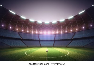 Soccer Field In The Sports Stadium. Soccer Ball Illuminated In The Center By The Surrounding Lights. 3D Illustration.