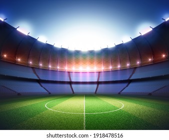 Soccer Field In The Sports Stadium. Lawn Illuminated In The Center By The Surrounding Lights. 3D Illustration.