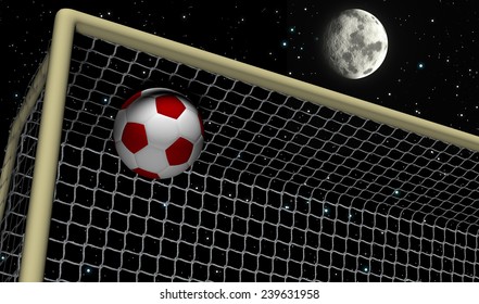 Soccer Foot Ball Moving To The Goal Net At Night Background