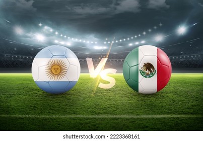 Soccer Football ball 3D with Argentina vs Mexico flags match on green soccer field - Powered by Shutterstock