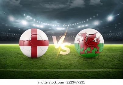 Fútbol de fútbol 3D con banderas de Inglaterra contra Gales partidos en campo de fútbol verde