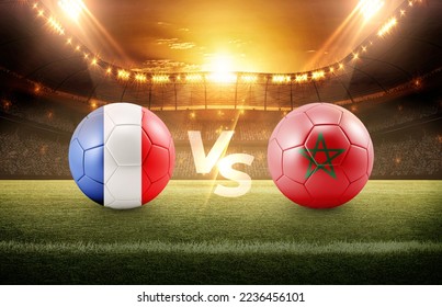 Soccer Football ball 3D with Morocco vs France flags 3D match-on green soccer
