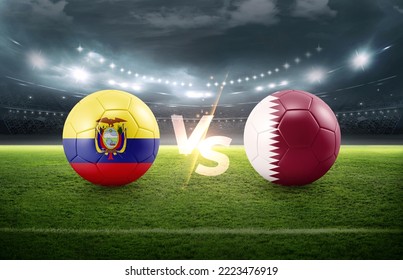 Soccer Football ball 3D with Qatar vs Ecuador flags match on green soccer field - Powered by Shutterstock