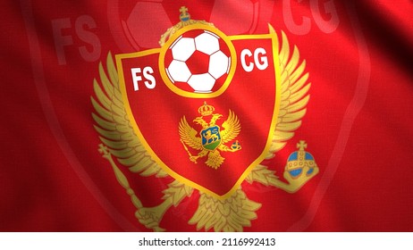 Soccer football ball with an eagle on the Football Association of Montenegro red flag. Motion. 3D realistic abstract flag cloth. For editorial use only.