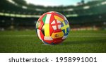Soccer Football ball with flags of european countries on the grass of football stadium. Championship in Europe 2021. 3d illustration