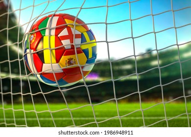 Soccer football ball with flags of european countries in the net of goal on football stadium. Football championship 2021 in Europe. 3d illustration - Powered by Shutterstock