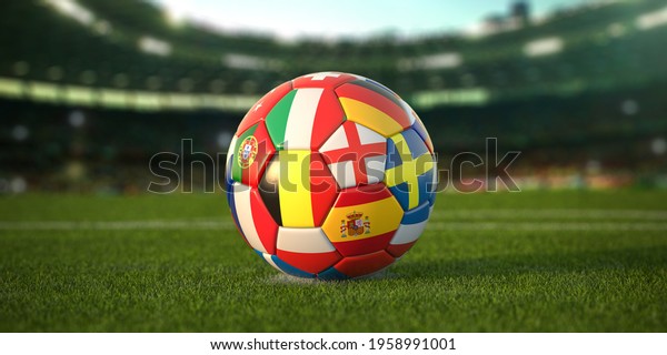 Soccer Football ball with flags of european\
countries on the grass of football stadium. Championship in Europe\
2021. 3d\
illustration