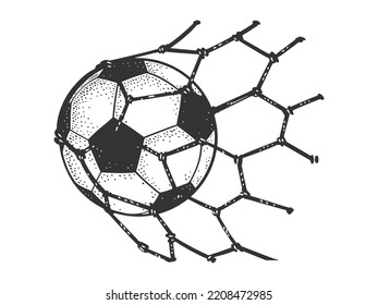 soccer football ball in goal net sketch engraving raster illustration. Scratch board imitation. Black and white hand drawn image. - Powered by Shutterstock