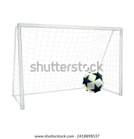 Soccer football ball goal net watercolor drawing. Gate mesh sports gear train team. Competition penalty match. Goalkeeper isolated white background. Star athlete training player footballer stadium