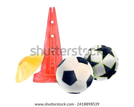 Soccer football cone watercolor drawing. Red yellow ball. Sports gear train team. Competition star pentagon goalkeeper. Isolated white background. Athlete training barrier signal play stadium club