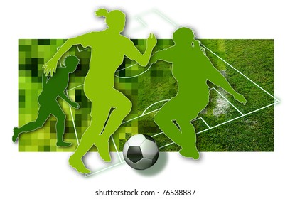 Soccer girls Silhouette of three female soccer players, a ball in black and white and parts of a football pitch