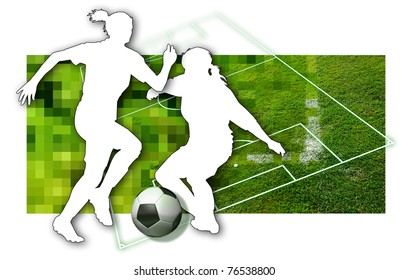 Soccer girls Silhouette of two female soccer players, a ball in black and white and parts of a football pitch