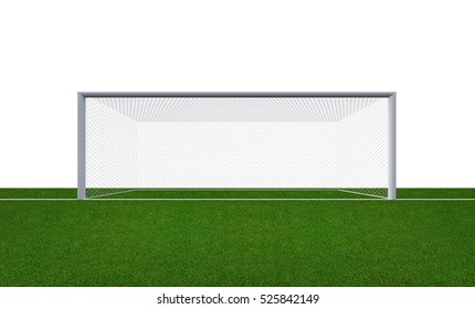 Soccer Goal Post And Net In Green Field Isolated On White Background.