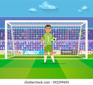 Soccer goalkeeper keeping goal on arena illustration. Flat. Football keeper in frame. Rasterized Copy - Powered by Shutterstock