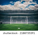 Soccer goalpost and stands in the stadium. 3D Rendering. 3D Illustration