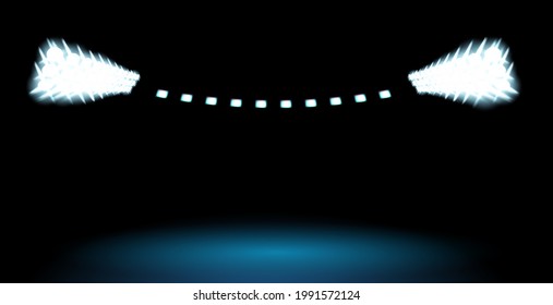 Soccer Playing Field At Night With Illuminate Bright Stadium Lights, Football Stadium Overhead Light Background