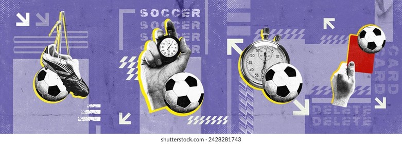 Soccer sport items, balls against purple background with abstract elements Banner. Modern design. Concept of sport, attributes, championship. Poster for sport events, schools. - Powered by Shutterstock