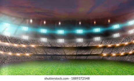 Soccer Stadium At Night. Empty Green Grass Field And Bright Spotlights. 3d Rendering