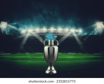 Soccer stadium with no players anda the trophy for winners. 3D Rendering. 3D Illustration - Powered by Shutterstock